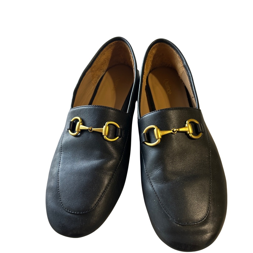 Quince Black Leather Horsebit Loafers Women's Slip On Flats Gold Hardware Size 7 - Picture 3 of 9